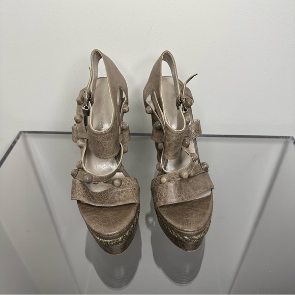 Balenciaga Leather Arena Studded Strappy Raffia Wedge Sandals - Picture 2 of 5